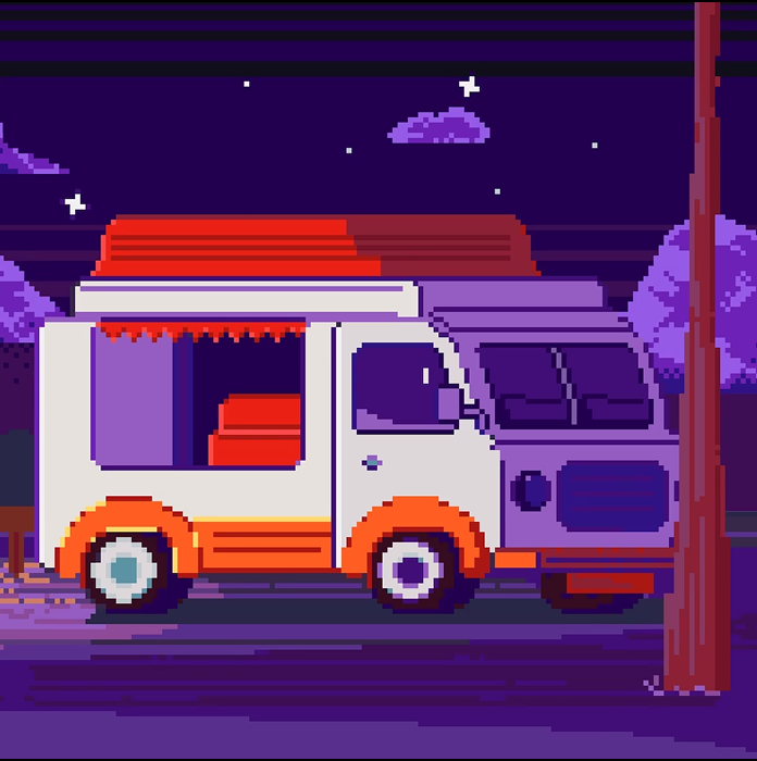 Движущийся автомобиль в мультяшном стиле на цветном фоне