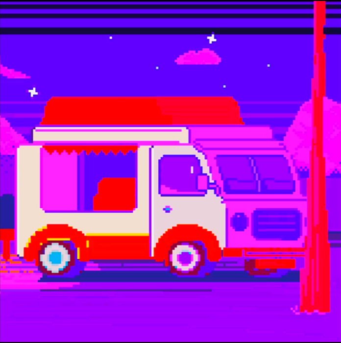 Движущийся автомобиль в мультяшном стиле на цветном фоне