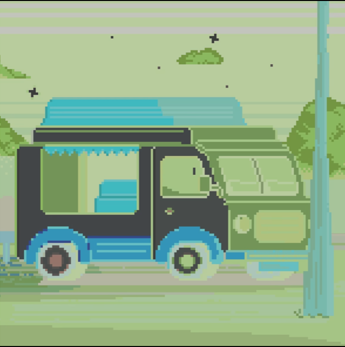 Движущийся автомобиль в мультяшном стиле на цветном фоне